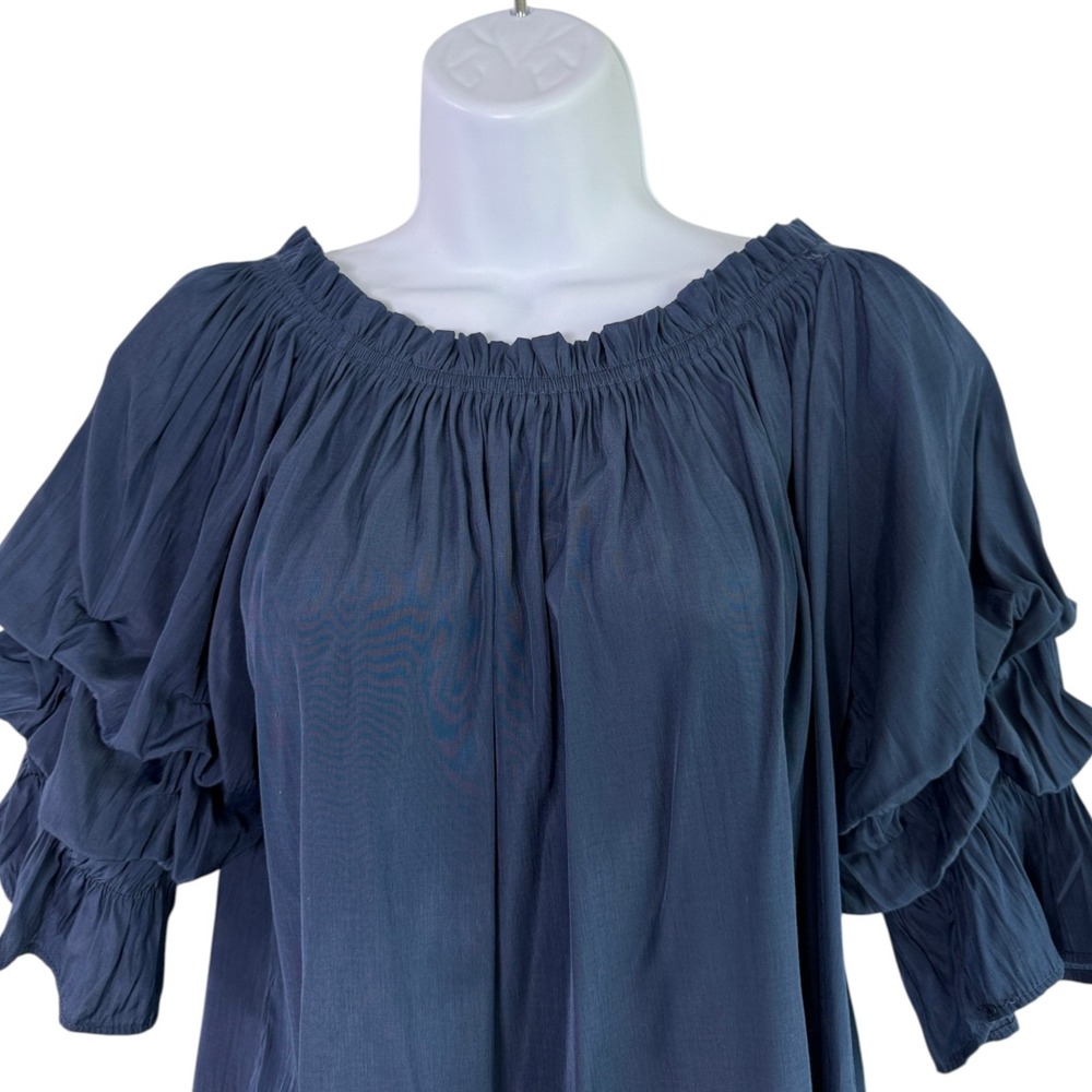Mersea Womens Ruffle Sleeve Top Size M Navy Off Shoulder Boho Chic Coastal Luxe - Picture 2 of 7